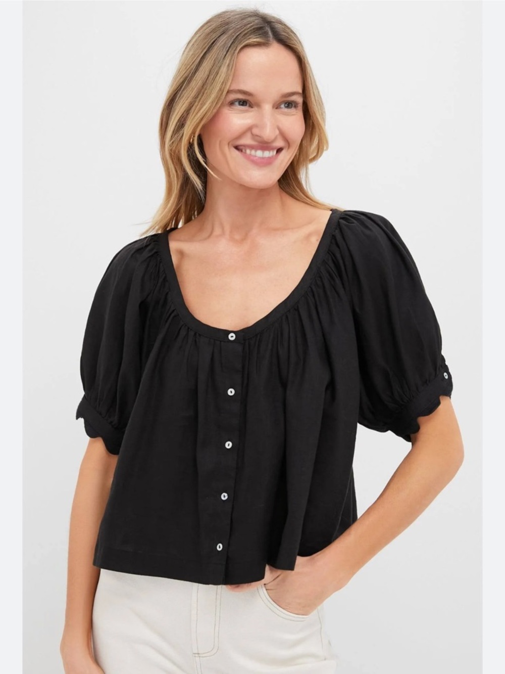 Tuckernuck Black Linen Tully Top with Scalloped Edges Large Frill Lace